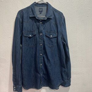 GAP  Shirt Mens L Blue Denim Western Pearl‎ Snap Long Sleeve Cowboy Rodeo Ranch
